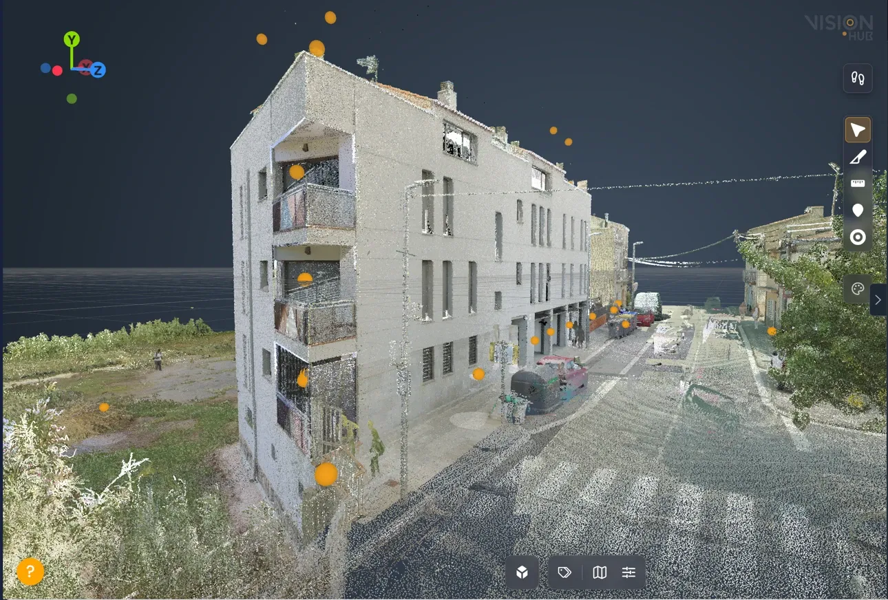 Nube de puntos con tres estaciones 360 y su distancia