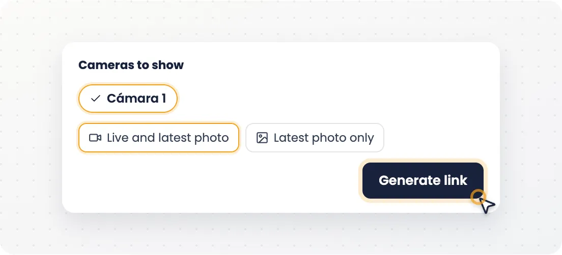 Integration card: selected cameras, content mode and the Generate link button