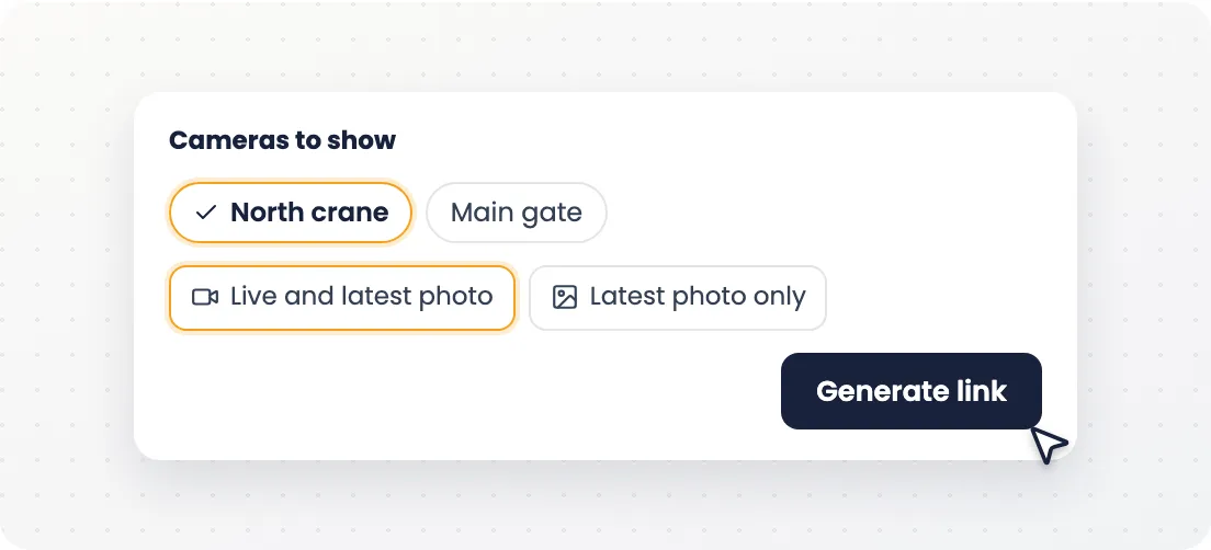 Integration card: selected cameras, content mode and the Generate link button