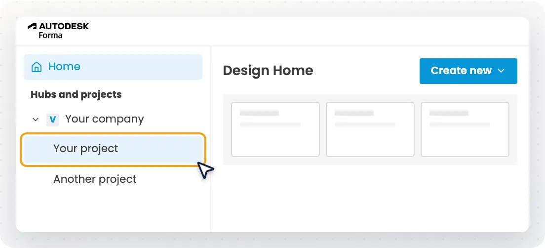 Hubs and projects in Autodesk Forma with the project selected