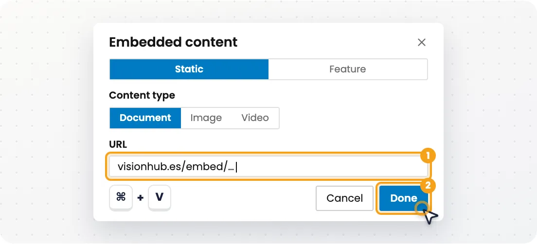 Embedded content dialog with the link pasted into URL and the Done button