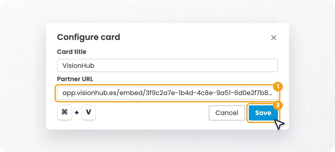 Configure card dialog with the link pasted in Partner URL and the Save button