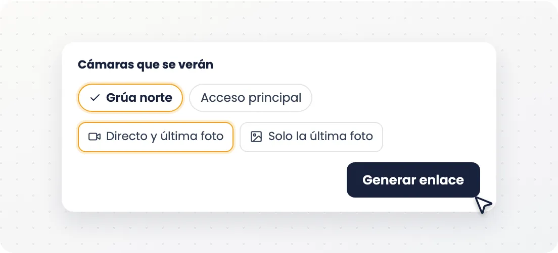 Tarjeta de integración: cámaras seleccionadas, modo de contenido y botón Generar enlace