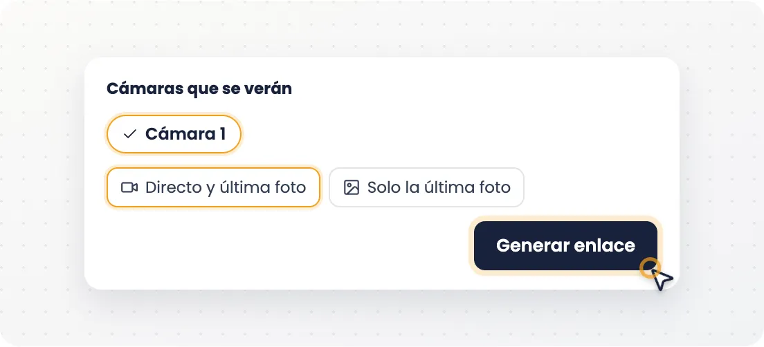 Tarjeta de integración: cámaras seleccionadas, modo de contenido y botón Generar enlace