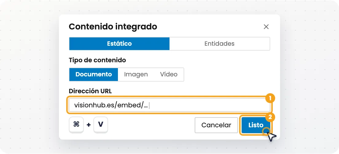 Diálogo Contenido integrado con el enlace pegado en Dirección URL y el botón Listo