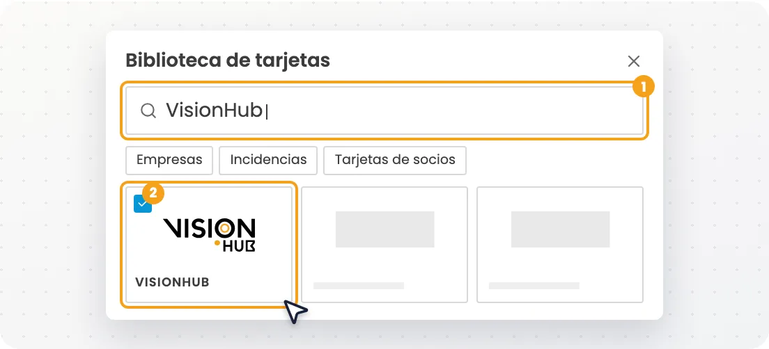 Biblioteca de tarjetas con la búsqueda VisionHub y la tarjeta seleccionada