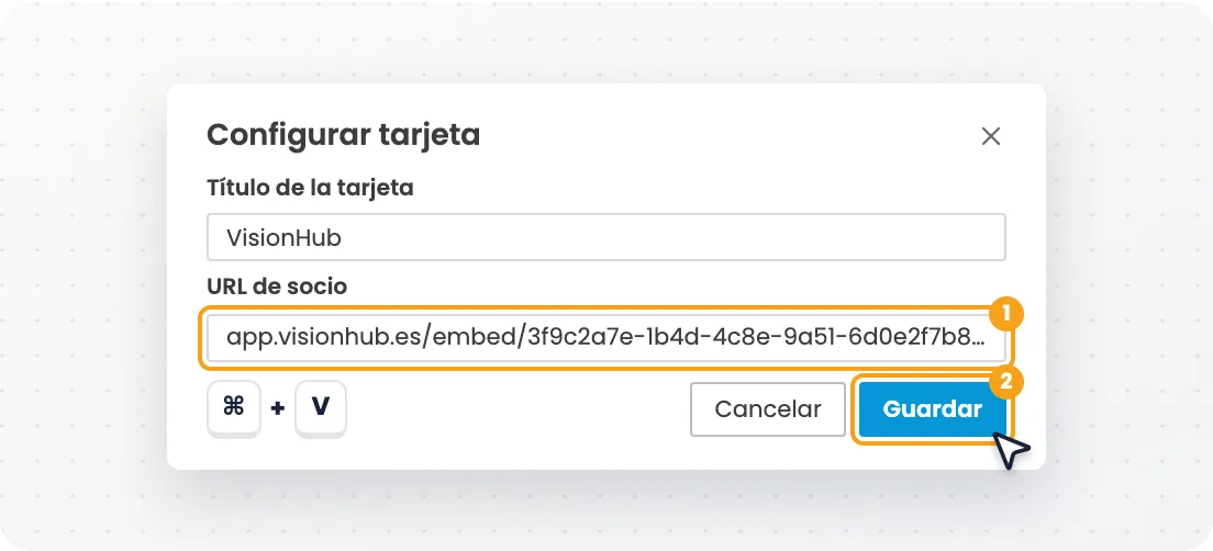 Diálogo Configurar tarjeta con el enlace pegado en URL de socio y el botón Guardar