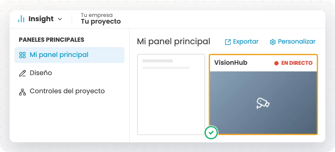 Panel de Insight con la tarjeta de VisionHub mostrando una cámara en directo